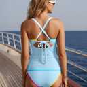 Blooming Jelly Womens Tummy Control Tankini Swimsuits Color Block Bathing Suit V Neck Two Piece Swimwear with Shorts (Blue, L)
