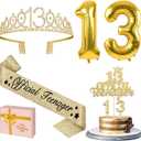 13th Birthday Decorations for Girls with 13th Birthday Crown, Official Teenager Sash, Candles and Cake Topper, Number Balloons, Teen Girl Gifts for 13 Year Old Girls