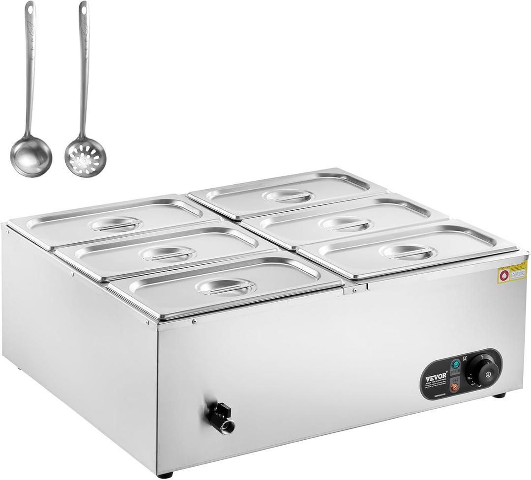 VEVOR 110V 6-Pan Commercial Food Warmer, 1200W Electric Steam Table 15cm/6inch Deep, Stainless Steel Buffet Bain Marie 48 Quart for Restaurants (Silver)