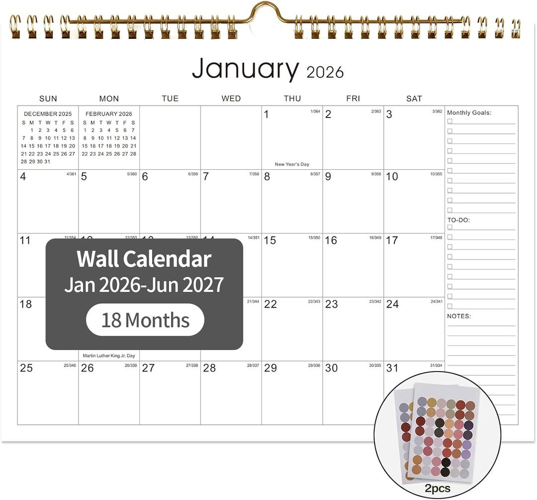 4 x 2026 Calendar 18 Monthly Wall Calendar Runs from January 2026 until June 2027 Spiral Binding Hanging 11.5" x 14.7" Thick Paper with Julian Dates and Block for School OfficeSimplicity