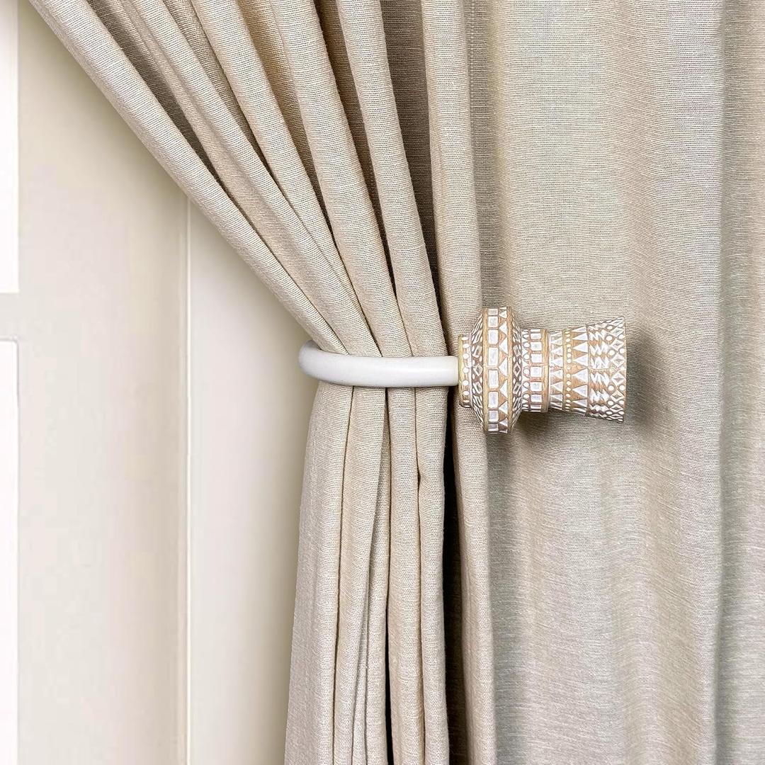 Decorative Curtain Drapery Holdbacks with Boho Style Round Carved Finials (White, Set of 2)