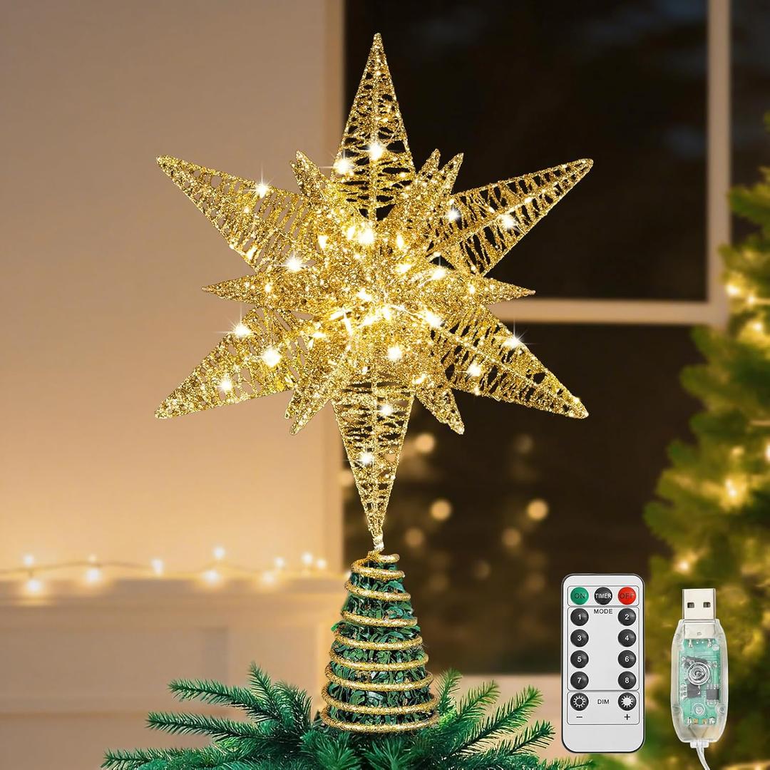 Lewondr Christmas Star Tree Topper, USB Powered Remote Controlled 11 Inch Multilayer Hexagonal Tree Toppers Christmas Decor with 8 Light Modes for Home Holiday Xmas, Timer Function, Gold