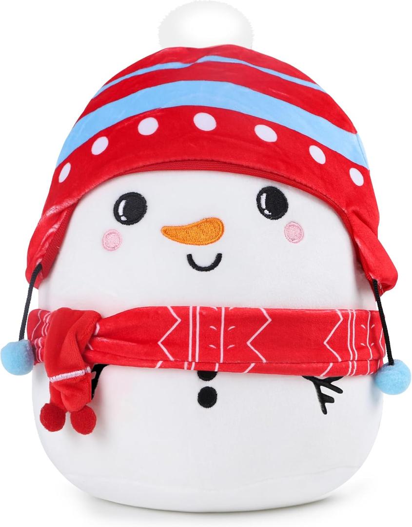 Christmas Snowman Plush Toy: 10-Inch Cute Winter Snowman Stuffed Animal with Red Christmas Hat and Scarf, Soft and Cuddly Plush Pillows Holiday Birthday Decoration Gifts for Kids Girls Boys