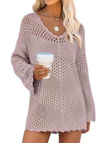 ANRABESS Women Swimsuit Crochet Swim Cover Up Summer Bathing Suit Swimwear V Neck Mesh Knit Beach Dress 2025 Vacation Outfits Medium Pink