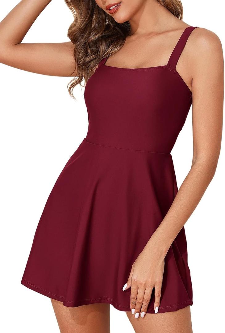 Aleumdr Women's One Piece Swimsuit Tummy Control Swim Dress Modest Full Coverage Skirt Bathing Suit with Pockets (XX-Large, Burgundy)