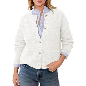 Saodimallsu Women's Chunky Knit Cardigan Button Down Crewneck Long Sleeve Cropped Sweater with Pockets (White, M)