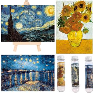 Small Jigsaw Puzzles for Adults Challenging Puzzle Small Puzzles Mini Jigsaw Puzzles for Adults 150 Pieces Starry Night Rhone River Sunflower 6 x 4 Inches,3 Pack,Mini Easel Included