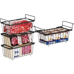 iSPECLE Chest Freezer Organizer Bins - 15.8~18.8 Inch Freezer Organizer Bins for 7 Cu.Ft Deep Freezer, 1 Hanging Basket and 3 Pack Stackable Freezer Organizer, 4 Pack Black