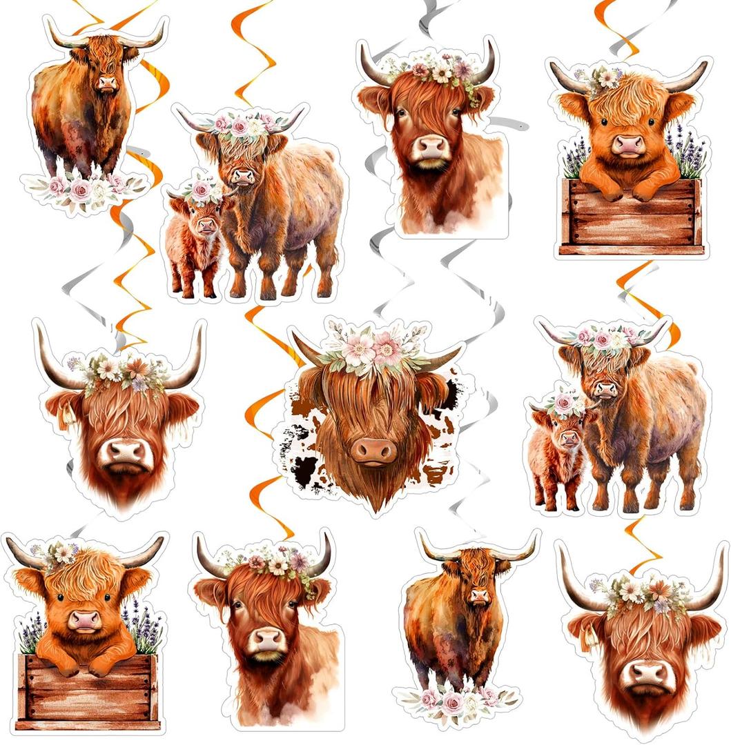 Libima 24 Pieces Highland Cow Hanging Swirl Western Highland Cow Party Decorations for Baby Shower Birthday Ceiling Hanging Decor for Farm Animal Party Supplies