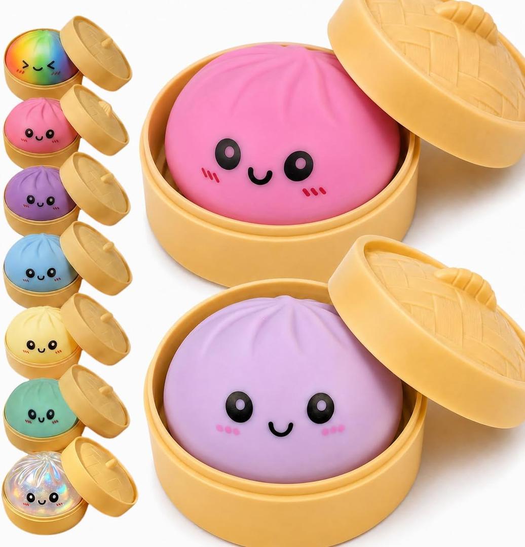 2PCS Dumpling Squishies Stress Balls,Colorful Squeeze Dough Ball Fidget Sensory Toys,Stretchy Hand Desk Toy with Food Steamer for Stress Relief Gift,Pink&Purple