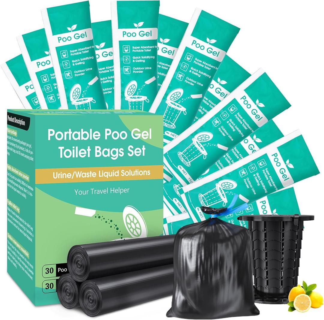30 Portable Toilet Bags Poo Gel Set, 8 Gallon Camping Toilet Bags with Portable Absorbent Toilet Gel, Urine Powder with Potty Trash Waste Bags for Outdoor Camping, Traveling, Emergency (Blue)