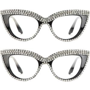 Cat Eye Reading Glasses Womens Bling Rhinestone Magnified Blue Light Blocking Reader Glasses (2 Pack White)