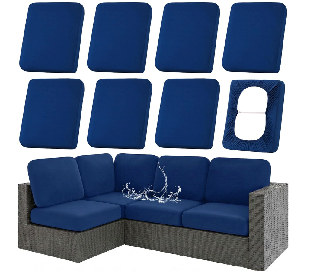 hyha Waterproof Outdoor Cushion Covers for Patio Furniture, Stretch Patio Chair Cushion Slipcovers, Coated UV Resistant Replacement Seat Covers, Solid Color (Navy, 8PC)
