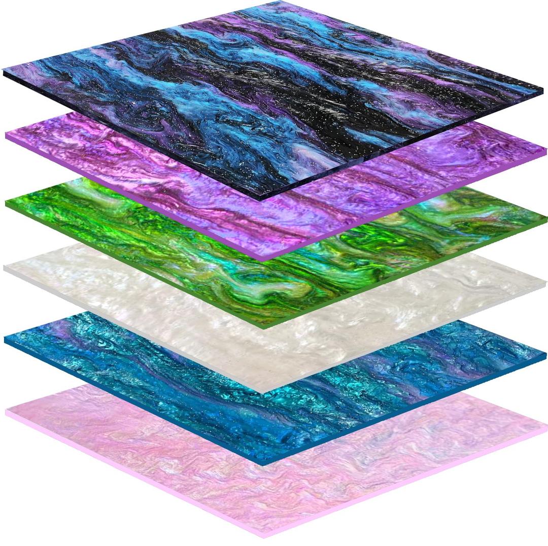 6 Pack Glitter Pearl Acrylic Sheet 1/8 Inch for Laser Cutting Swirl Sparkly Cast Acrylic Plastic Sheets for CO2 Lasers Multi-Colors 12x8 Inch