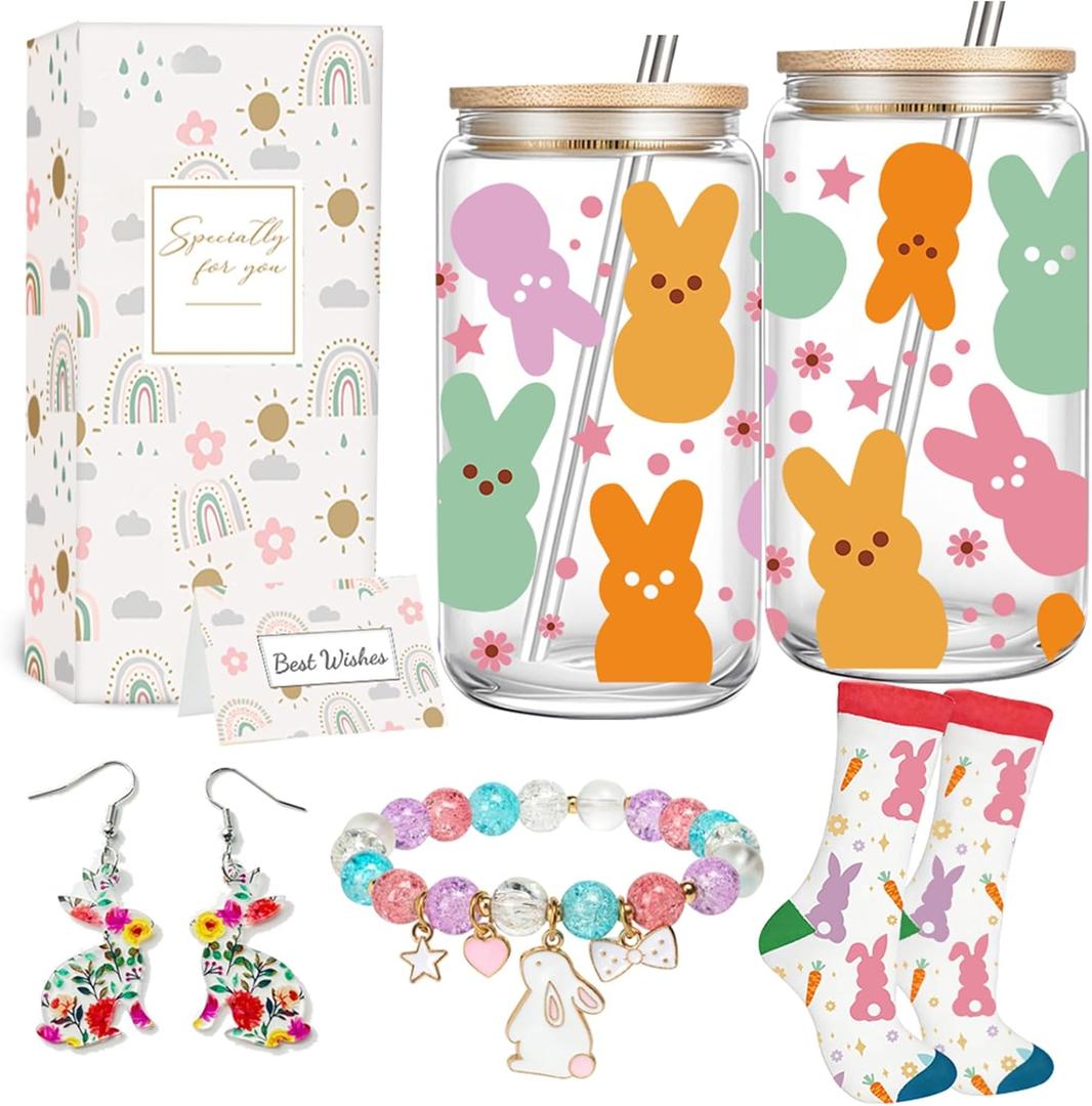 Easter Gift Basket for Women - Cute 16oz Glass Bunny Tumbler with Lid And Straw, Rabbit Bracelet, Bunny Earrings & Socks - Spring Easter Gifts for Her, Mom, Daughter, Sister