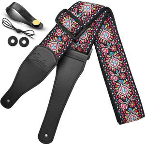 Guitar Strap, Jacquard Embroidered Cotton Straps with Genuine Leather Ends Shoulder Strap for Bass, Acoustic, Electric Guitar (Retro Hot Pink)