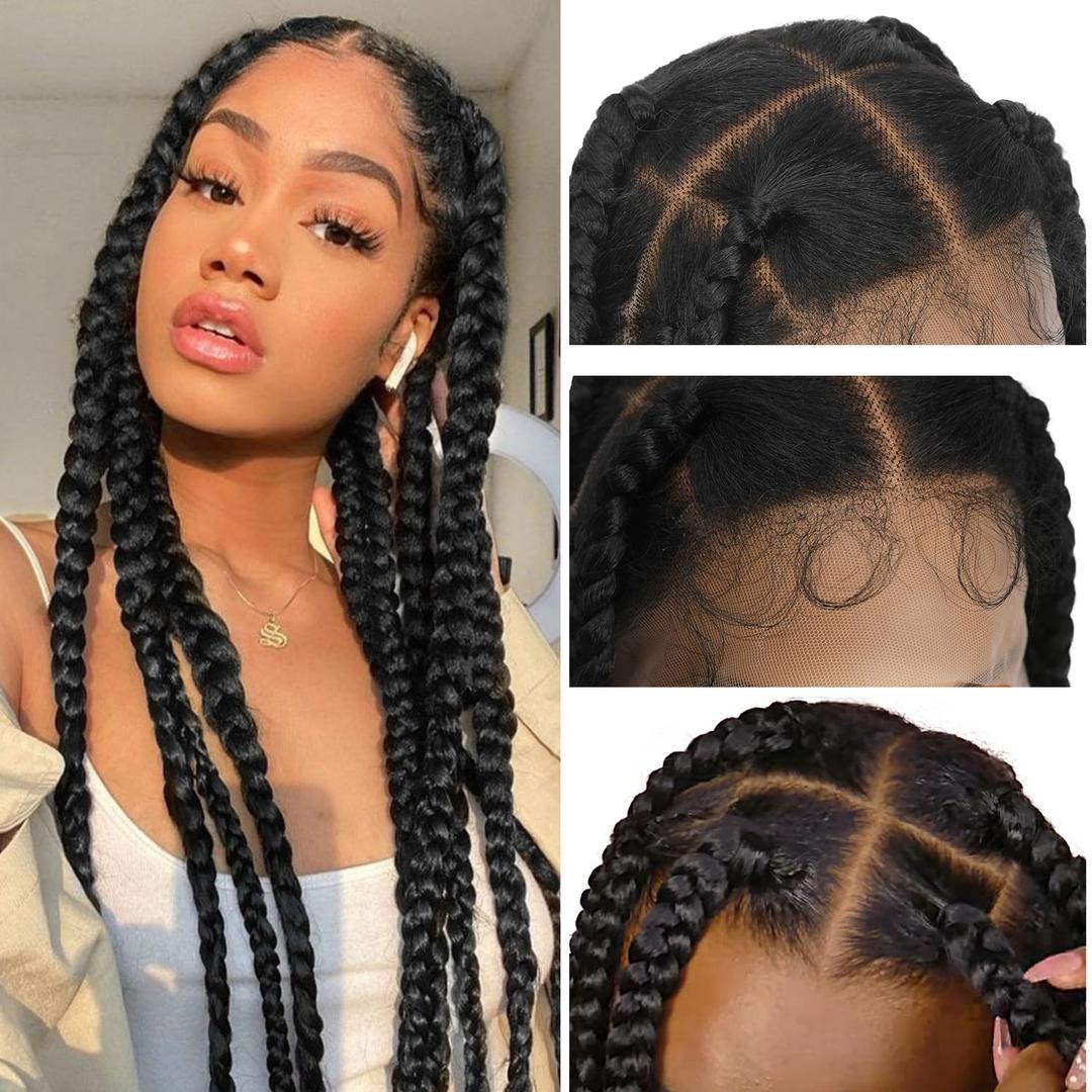 Lady Miranda Full Lace Jumbo Braided Wigs for Black Women Knotless Box Braid Wig with Baby Hair 32" Glueless Wigs Jumbo Box Braids Lace Front Synthetic Wig (0-Natural Black)