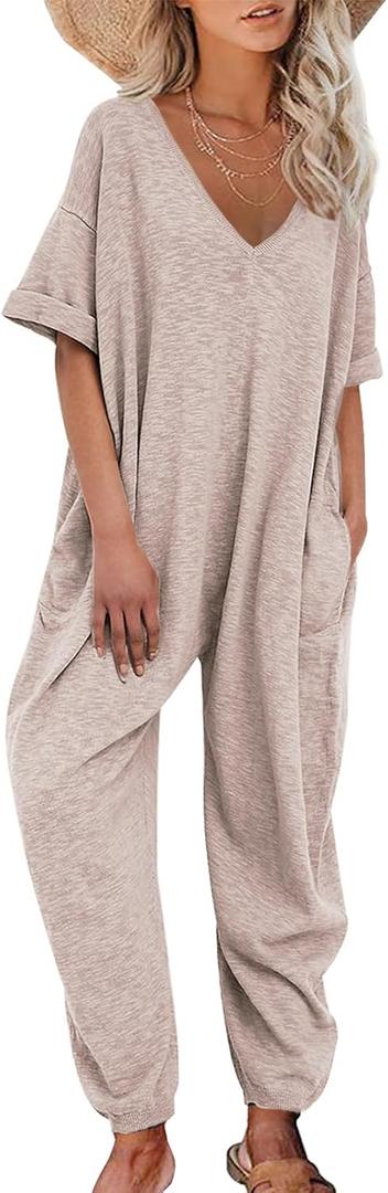 Nirovien Summer Outfits for Women V Neck Solid Color Jumpsuit Plus Size Overalls Baggy Romper Jumpers(Dark Apricot, S)