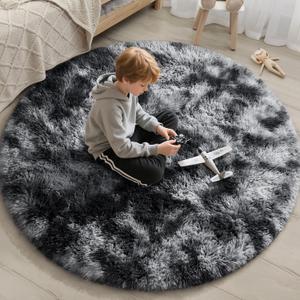 EVOIONOS ‌Tie-Dye Dark Grey Round Rug for Bedroom, 4x4 Ft Fluffy Soft Circle Area Rugs for Living Room, Plush Shaggy Circular Carpet for Indoor Floor Bedside Kids Nursery, Home Decor Aesthetic