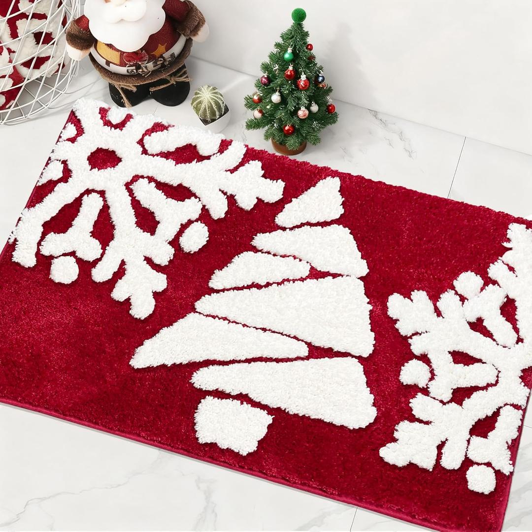 Christmas Decor Bathroom Rugs Red White Snow Bath Mats Non-Slip Bath Rug Absorbent Washable Shower Rug for BathtubIndoor, Kitchen, Toilet Decorations 20"x 32"