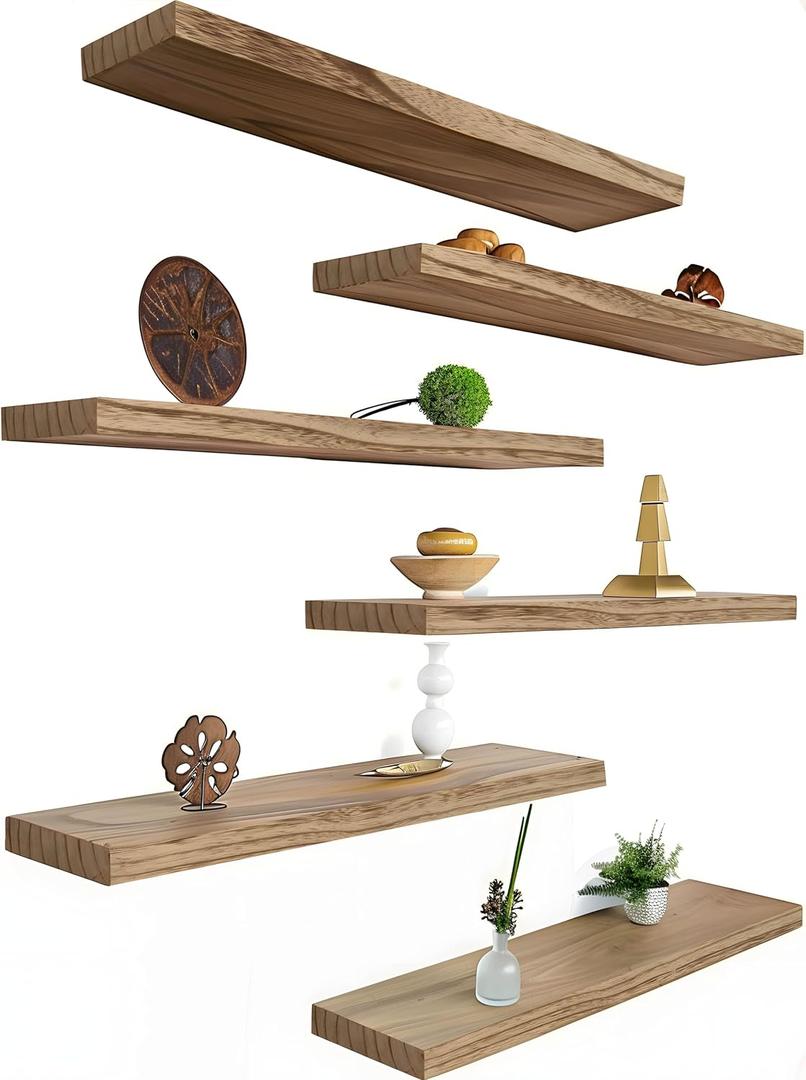 Wood Floating Shelves for Wall Decor, Rustic Wall Shelves for Bedroom Bathroom Kitchen Living Room, Set of 6 Light Walnut (17inch)