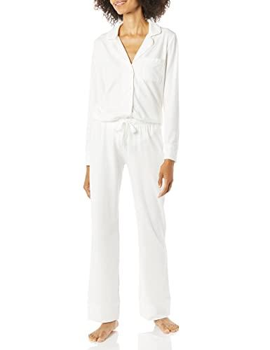 Amazon Essentials Women's Long Sleeve Cotton Modal Pajama Set, Loungewear with Full-Length Bottom, White, Medium