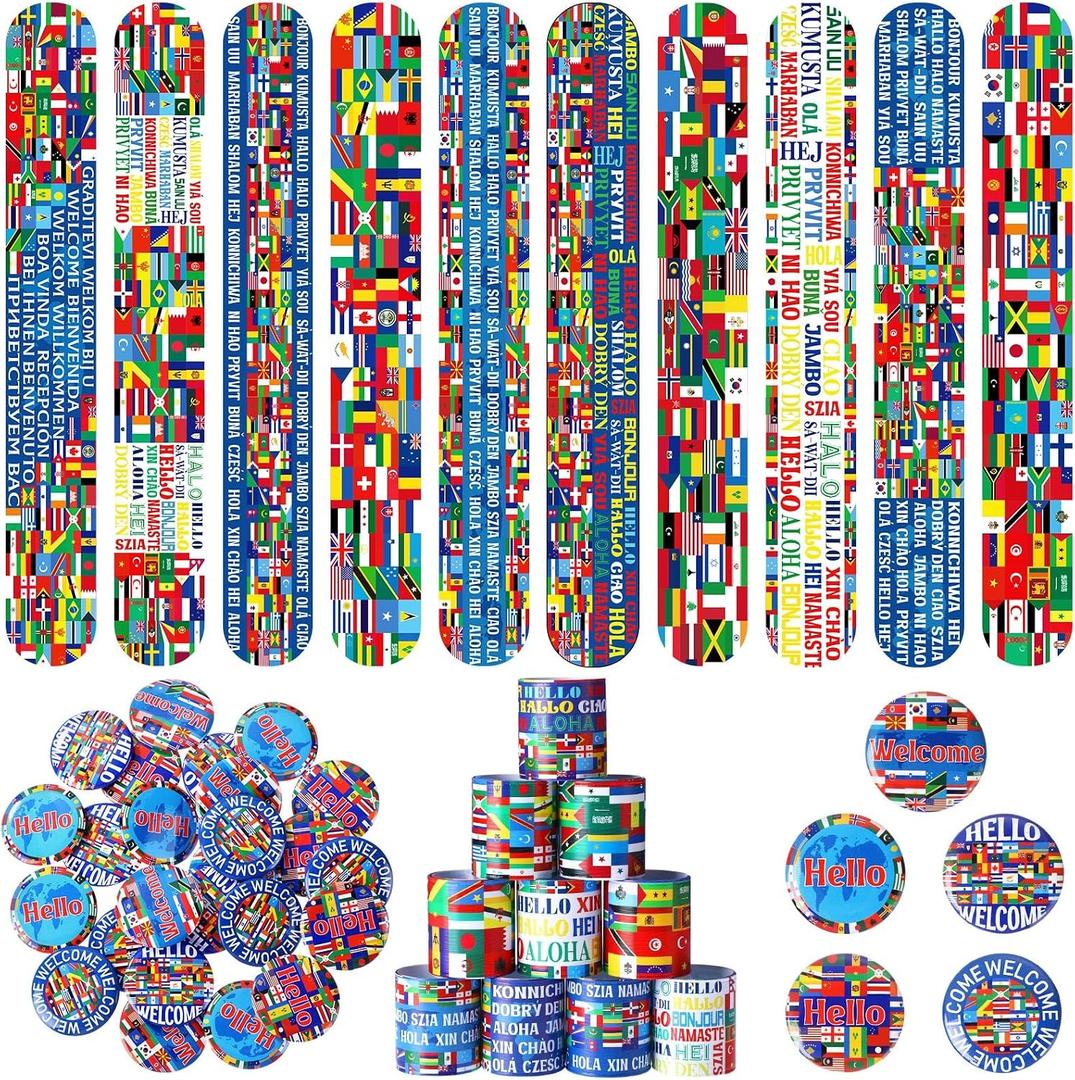 Outus 60 Pcs International Flags of The World Party Favors: 30 Around The World Slap Bracelets, 30 Button Pins, Country Flags International Party Favor Globe History Classroom Decorations Supplies