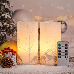 2Pack Christmas LED Flameless Candles Flickering, Battery Operated Wax Candles with Timer Remote, Realistic Pillar Candles with Forest Deer Decal for Home Decorations Christmas Gifts [Silver, 3"X6"]