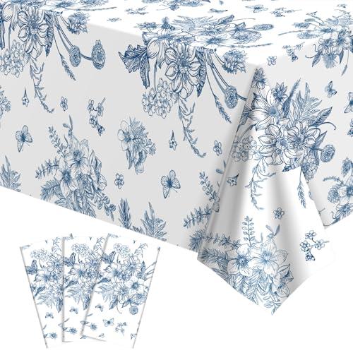 3 Pack Blue Floral Tablecloth, 54 X 108Inch Plastic Tea Party Tablecloths Disposable Vintsage Table Cloths Blue and White Porcelain Tables Decor for Mother's Day Birthday Garden Wedding Tea Party