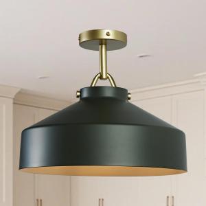 16 Inch Industrial Metal Flush Mount, Contemporary Hand-Polished Olive Close to Ceiling Light for Bedroom, Brass Pole Ceiling Light for Living Room, Luxury Lighting Fixtures for Indoor