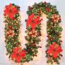 9Ft Pre-lit Christmas Garland with LED Lights Battery Operated, Holiday Decoration Stairs Wall Mantle Door Indoor Outdoor, Decorated with Red Flower, Balls, Berries, Snowy Pine, Christmas Collection