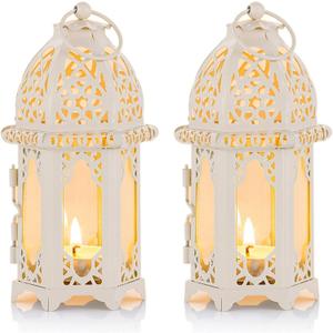 NUPTIO 2 Pcs Moroccan Style Candle Lantern - Small Sized Tealight Candle Holder with Transparent Glass Panels Great for Patio, Indoors/Outdoors, Events, Parties and Weddings, White