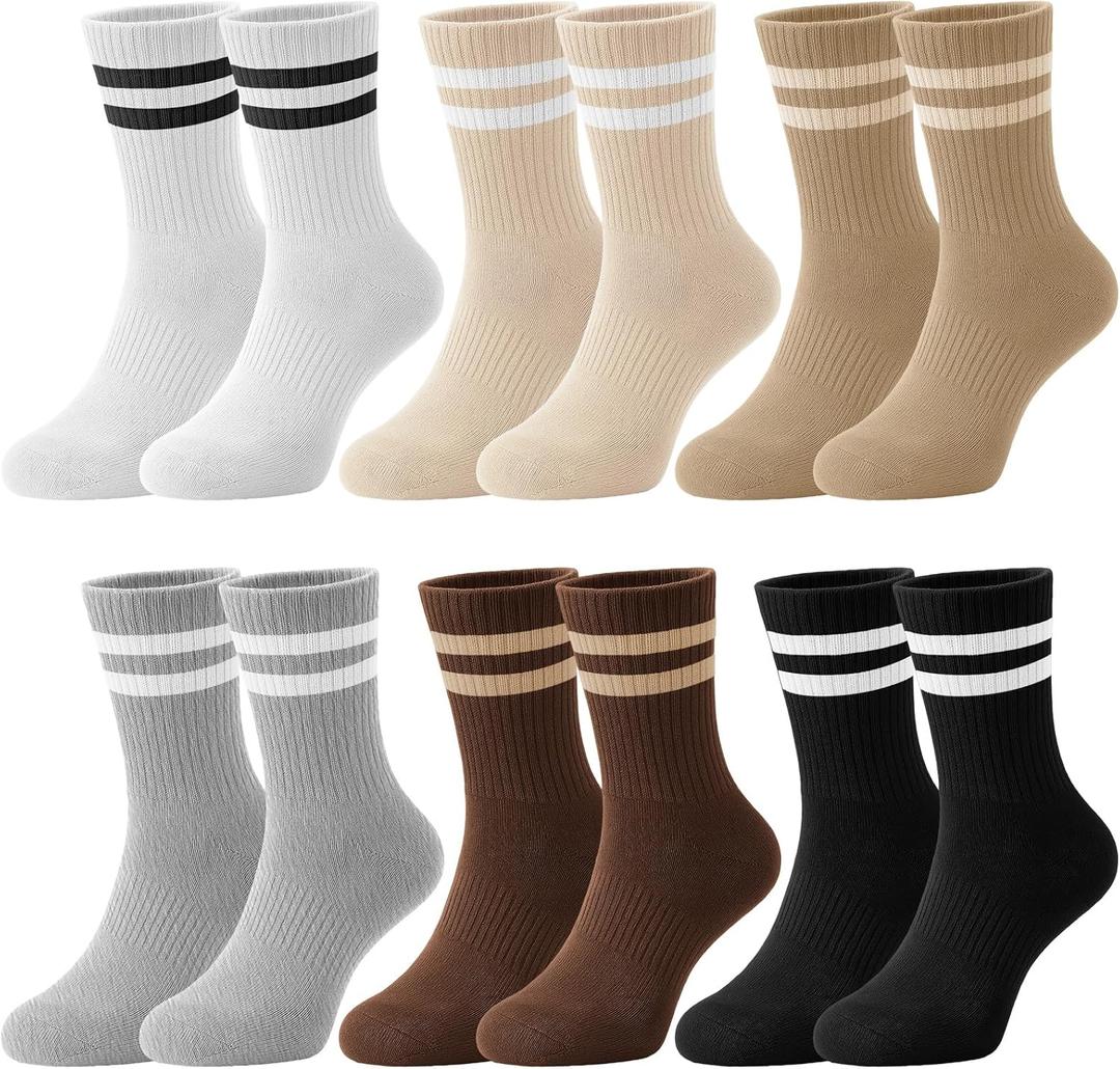 Newcotte 6 Pairs Cotton Crew Socks for Womens Striped Casual Crew Socks Brown Neutral Vintage Athletic Sock Size 5-11 (Beige)