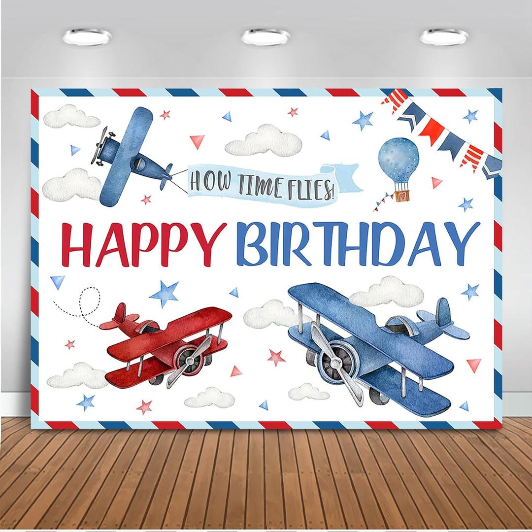 Mocsicka Airplane Birthday Backdrop - Red & Blue Airplane Party Decorations - 'How Time Flies' Happy Birthday Photo Background Banner (7x5ft)
