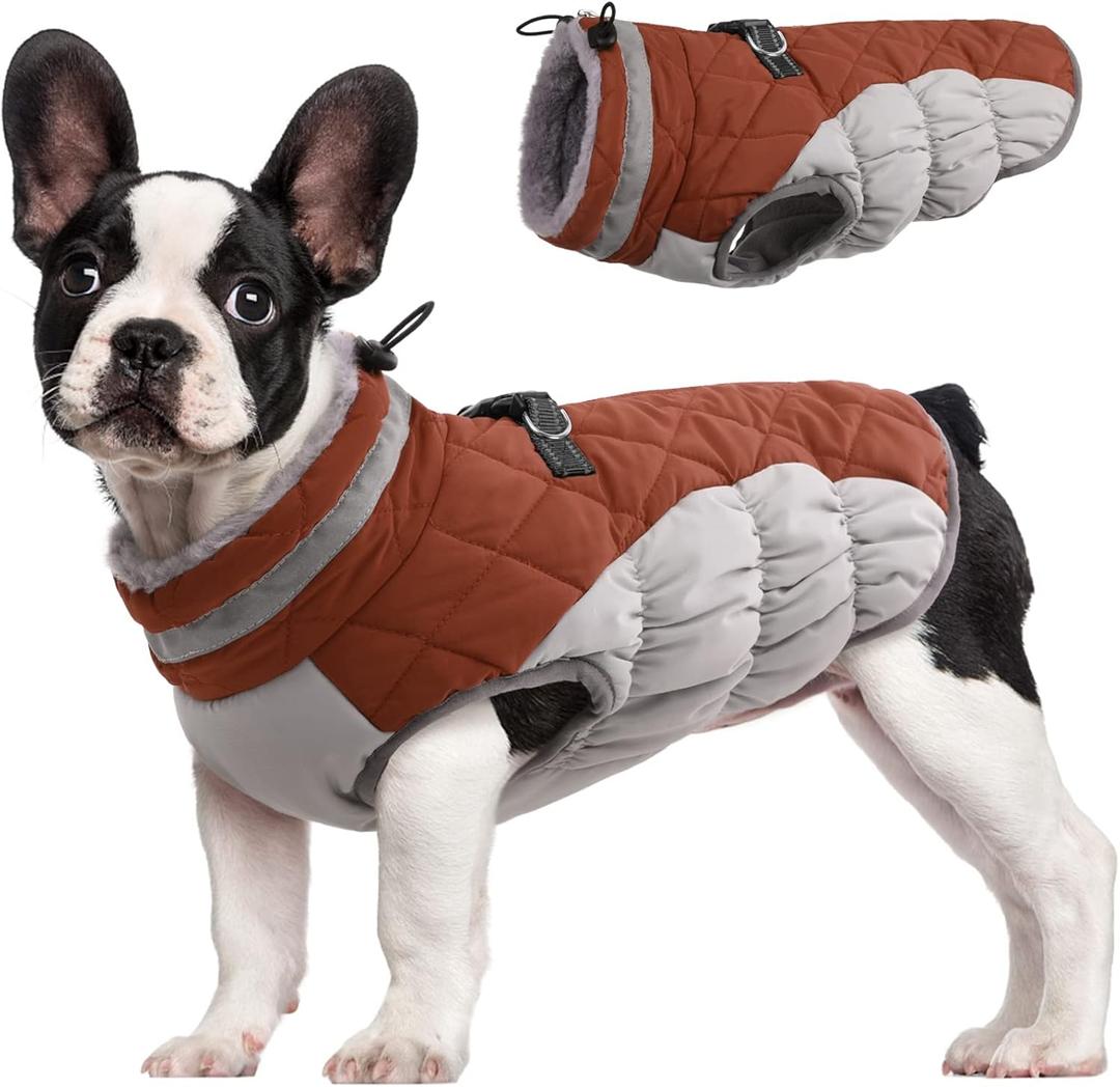 FUAMEY Dog Coat for Small Dogs, Waterproof Dog Winter Jacket with Harness Built in Puppy Cold Weather Coats Reflective Pet Vest with Zipper Warm Fleece Dogs Snowsuit Windproof Brown, Size: Small