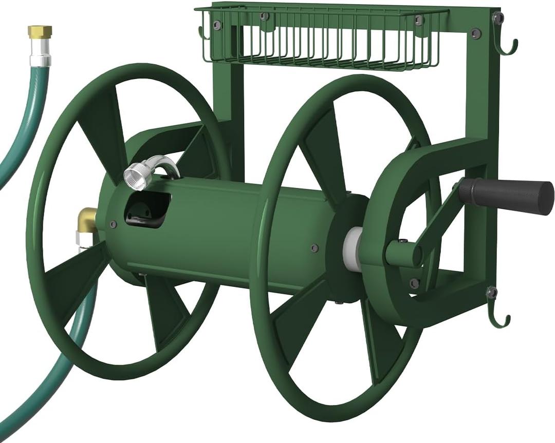 Outdoor Wall Mounted Hose Reel with Hook, Garden Heavy-Duty Water Hose Holder Winder with 3.9 ft Leader Hose, Brass Fitting and Storage Basket for Yard, Holds 125 Ft of 5/8-Inch Hose, Green