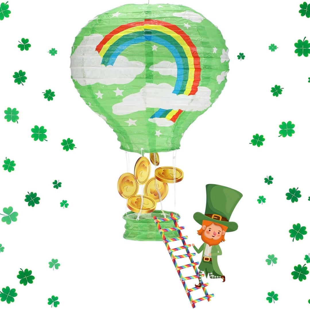 Motipuns St. Patrick's Day Leprechaun Trap Kit Hot Air Balloon Paper Lantern Gold Coin Rainbow Straw DIY Saint Patty's Day Toy Catch a Leprechaun Craft Gift Classroom Party Supplies Decoration