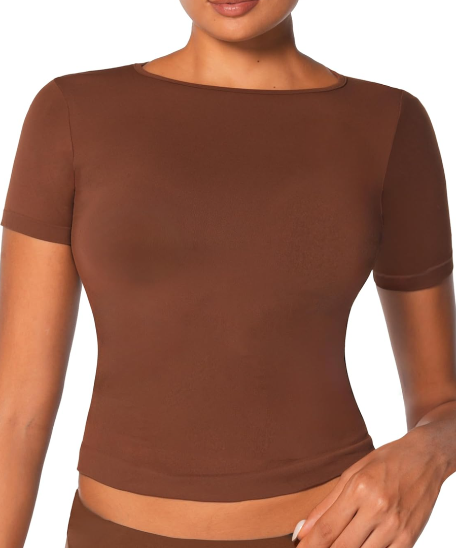 Sunzel Short Sleeve Fitted Basic T Shirts for Women, Soft Crew Neck Basic Crop Tee Cute Trendy Summer Tops Tight Tees,XL