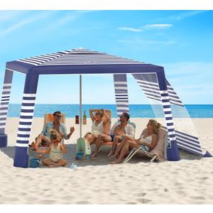 Rhino Valley Beach Cabana with Cup Holder, 8 * 8FT Foldable Beach Tent UPF50+ Protection, Windproof Stable Beach Canopy Easy Setup, Portable Beach Cabana Tent for Beach Camping, Blue & White Stripes