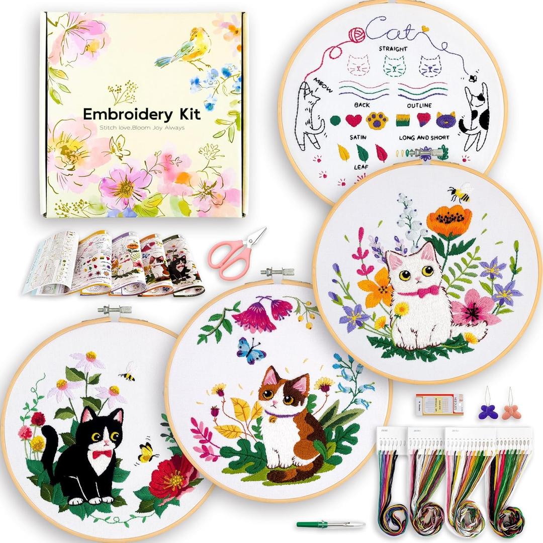 Embroidery Kit for Beginners, 4 Sets Cat Embroidery Kits, Needle Point Kits for Adults Beginner, with Full Package Sewing Supplies and Detailed Easy-to-Follow Instructions, Gift for DIY Lovers