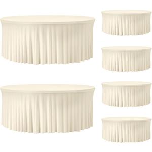 6 Pack Ivory Round Tablecloth 60 Inch, Washable Table Cloths Elastic Edge with Skirt Circular Table Cover for Wedding Banquet Party Birthday Buffet Restaurant Dining