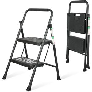 2 Step Ladder, Portable Steel Folding Step Stool with Wide Anti-Slip Pedal & Convenient Handgrip, 500lbs Sturdy Steel Ladder, Black