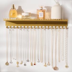 Necklace Holder Wall Hanging Organizer: Wall Mounted Jewelry Shelf with 56 Hooks and Tray, Display Hanger for Kids, Girls and Women, Gold & Metal