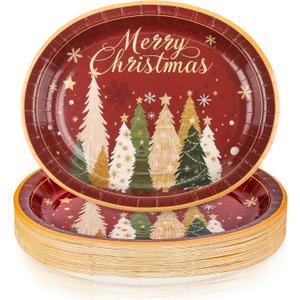 Purhapfre 50Pcs Christmas Paper Plates Christmas Tree Oval Plates Heavy Duty Holiday Large Disposable Oval Party Plates Xmas Dinnerware Serving Tray for Xmas Holiday Party,10 x 12 Inch
