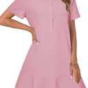 OPOIPIN Women's Collared V Neck Stripe Short Sleeve Button UP Ruffle Hem Shirt Tunic Mini Dress (Pink)
