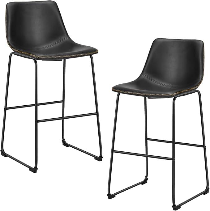 DUMOS 26 Inch Counter Height Bar Stools Set of 2, Modern Faux Leather High Barstools with Back and Metal Leg, Bar Chairs for Kitchen lsland, Elegant Black