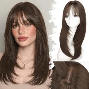 Eawwii Beginner-Friendly Wig with Bangs for Women Medium Brown Straight Face-Framing Layers Hairstyle 4x4 Realistic Scalp Glueless Synthetic Wigs Medium Length for Everyday Use
