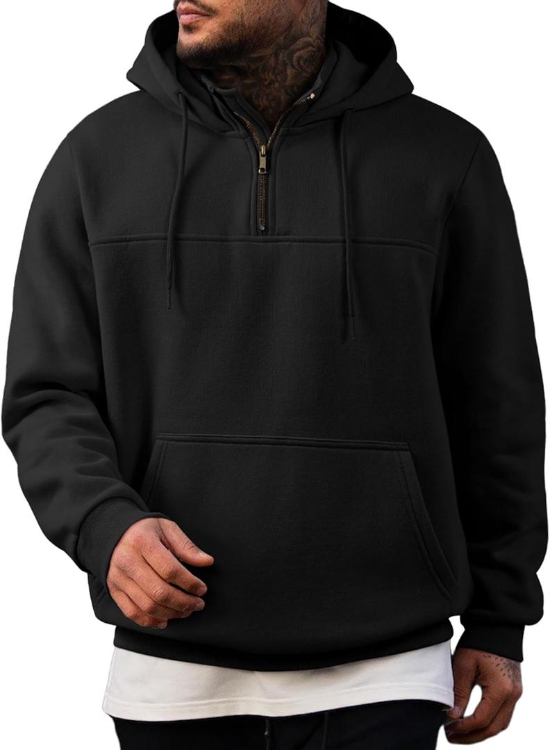 JMIERR Mens Casual Cotton Hoodies Drawstring Quarter Zip Pullover Sweatshirts (X-Large, 00 Black)