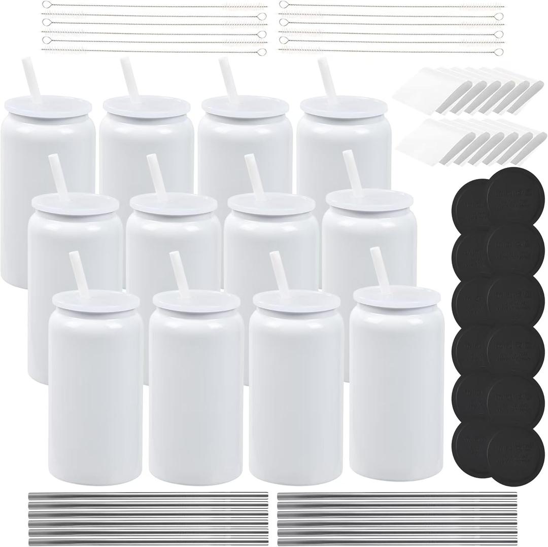 12 Pack 16 oz Sublimation Tumblers Blanks Glass Cups with Cup lid and straw,Stainless Steel double wall insulated Cups Blank, for Craft DIY