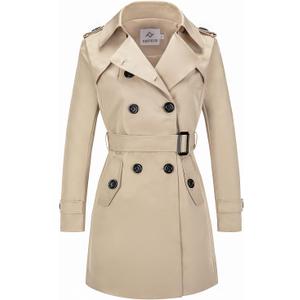 FARVALUE Women's Double Breasted Trench Coat Water Resistant Windbreaker Classic Belted Lapel Overcoat (Beige, L)